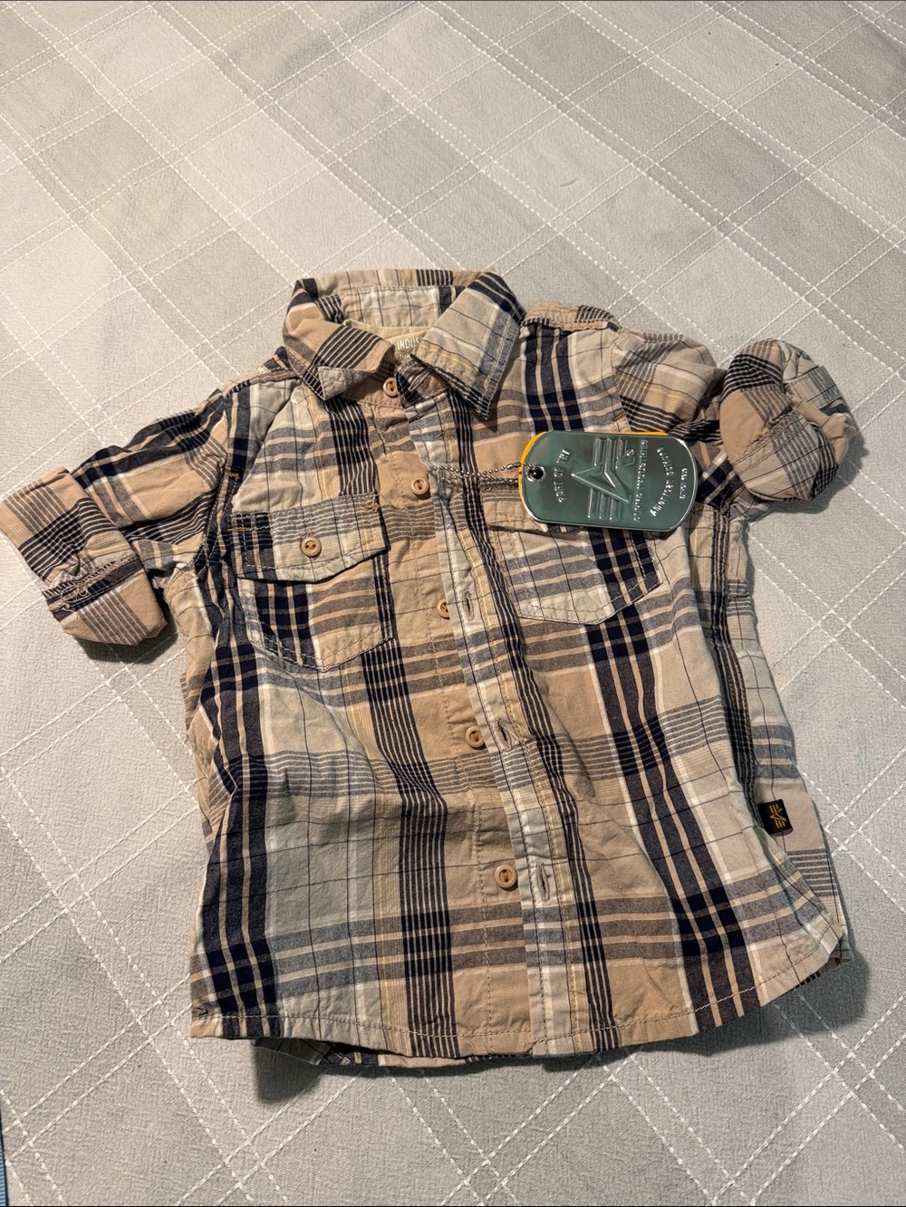 Kids 4T Beige & Navy Plaid Button-Up Shirt